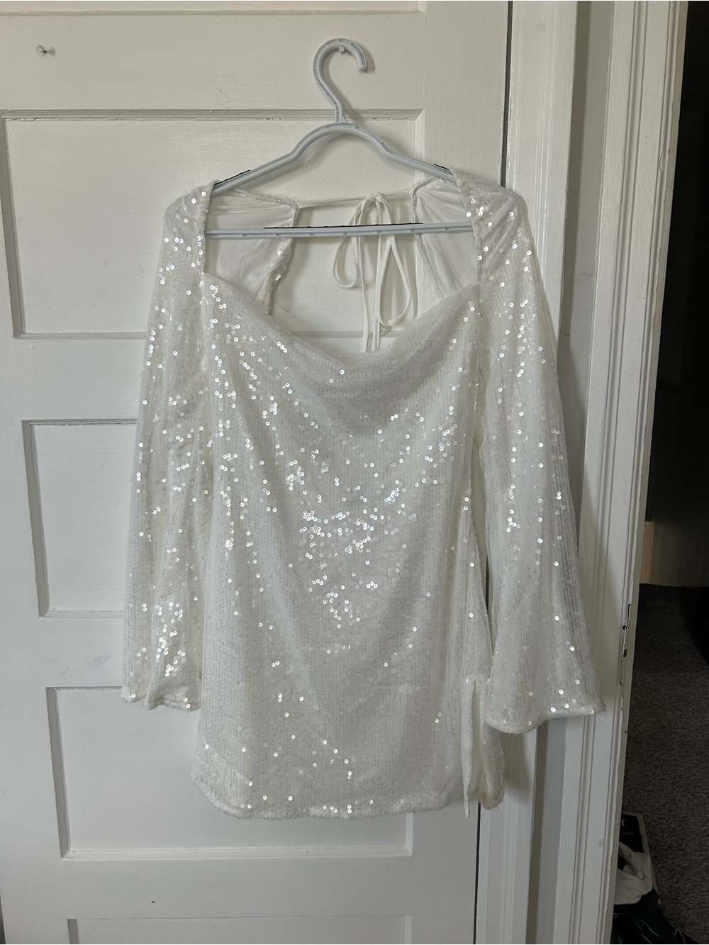 White Sequin Square Neck Backless Dress